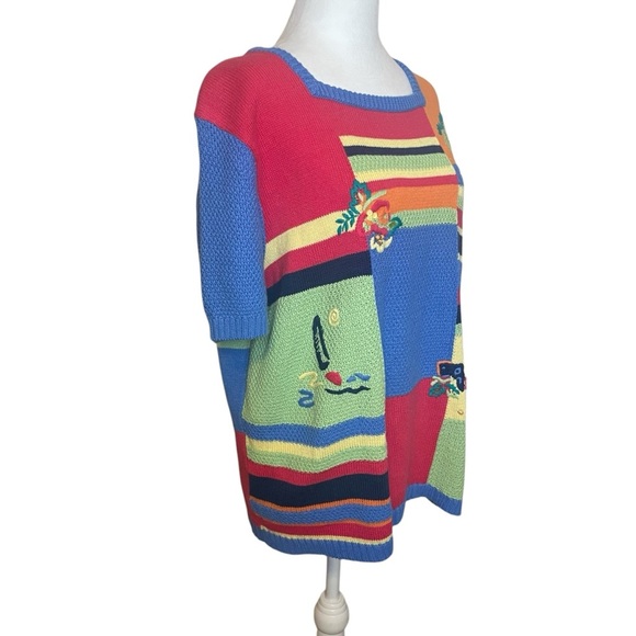 Koret Francisca Vintage Colorful Short Sleeve Embroidered Coastal Sweater XL - Picture 3 of 10